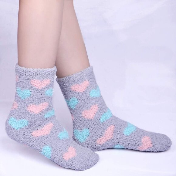 Plush Slipper Socks Women Colorful Warm Fuzzy Crew Socks Cozy Soft Pink Grey - Picture 6 of 7